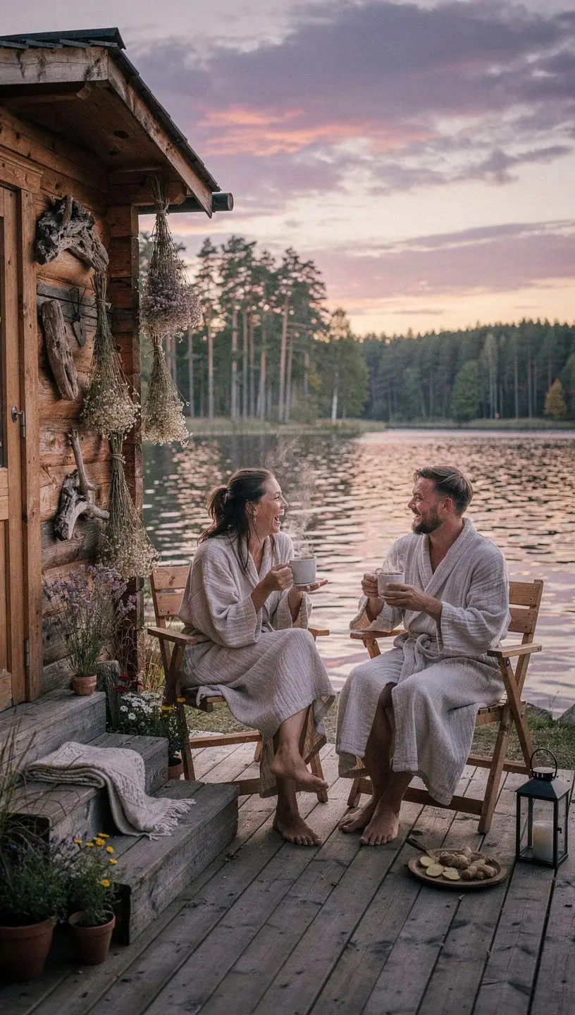 Vyras ir moteris dalijasi arbatos puodeliais, kalbėdami apie sveikatą ir gerovę.