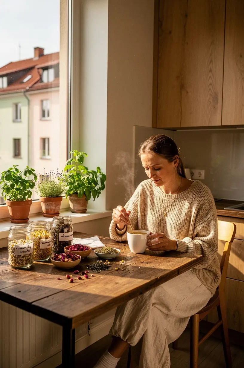 Moters rytinė ritualo akimirka – arbatos gėrimas prie lango su žaliu sodu fone.
